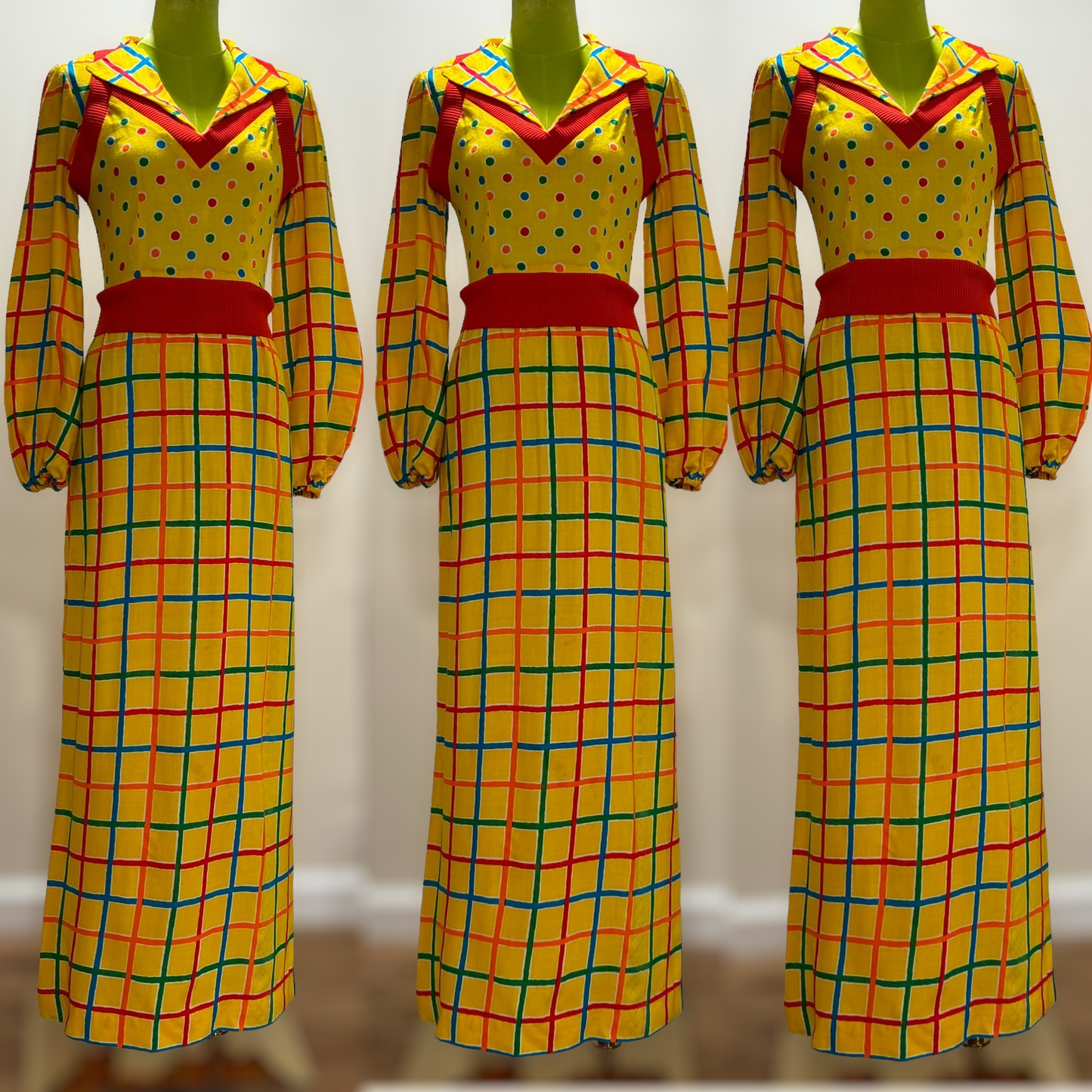 60s-70s Funky, Abstract Maxi Vest Dress W/ Balloon Sleeves (XS, 24" Waist)