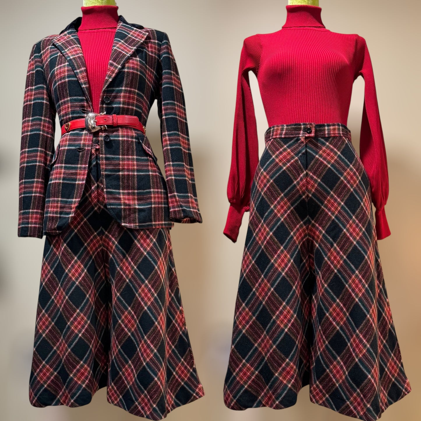 70s 2-Piece Red & Green Culotte Plaid Set (S, 26" Waist)