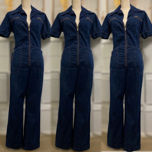 70s Zipper Front, Straight Leg Denim Jumpsuit (M, 26"-30"W) no