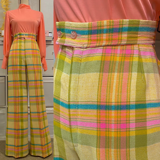 70s Vibrant Plaid, High Rise Wide Leg Pants (S-M, 27" Waist)