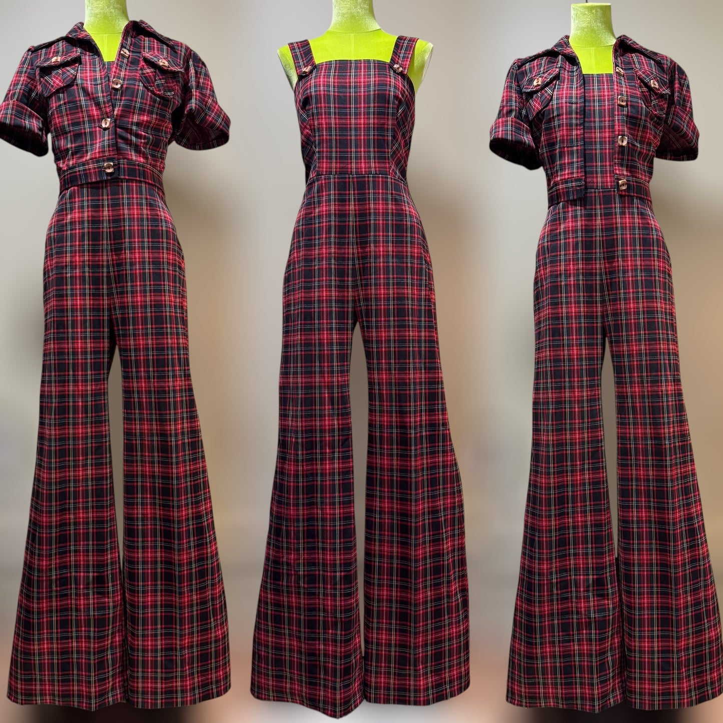 70s 2-Piece Red & Green Plaid Jumpsuit Set with Bolero Jacket (M, 28" Waist)