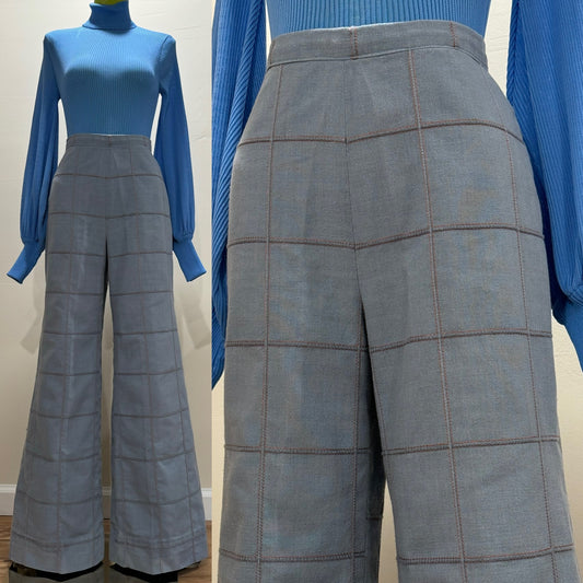 60s 70s  Windowpane/Patchwork High Rise Bell Bottom Pants (XS-S, 25"-26" W)