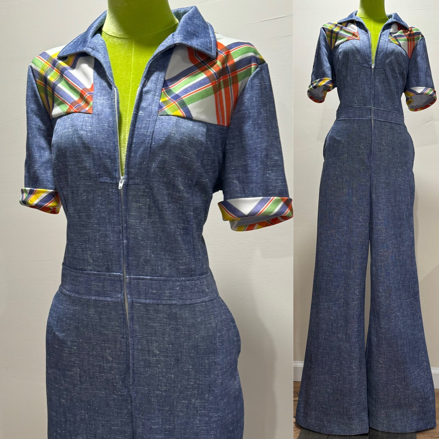 70s Denim Look, Plaid Details Wide Leg Jumpsuit w/ Zippered Front (M)