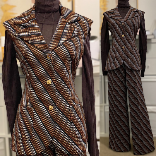 70s Geometric 2Pc Vest Pantsuit (XS-S, 25"-26'W)