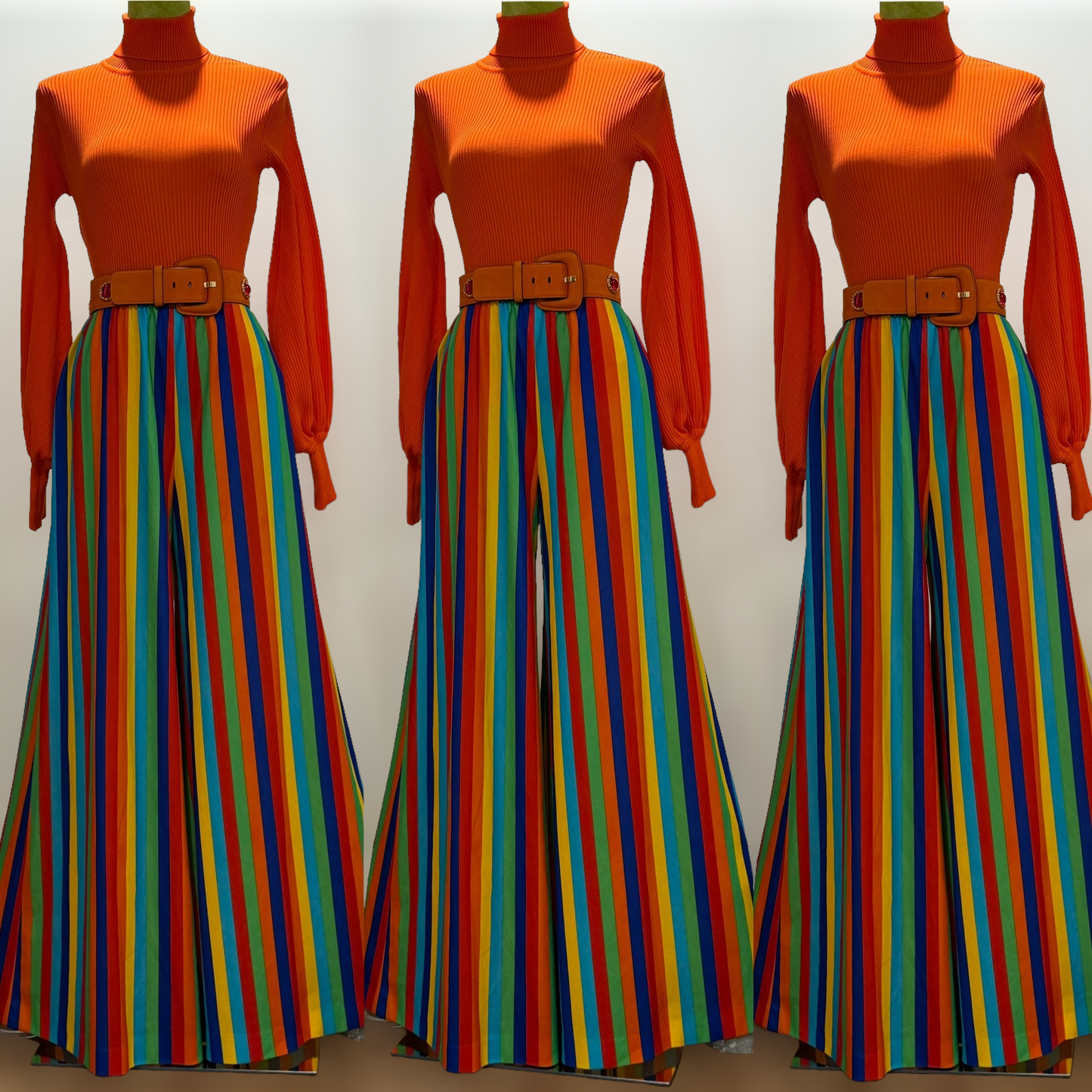 70s Rainbow Striped Bell Bottom Pants (M-L, 24"-35" Waist)