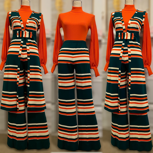 60s-70s Orange & Green Striped Vest Suit (S-M)