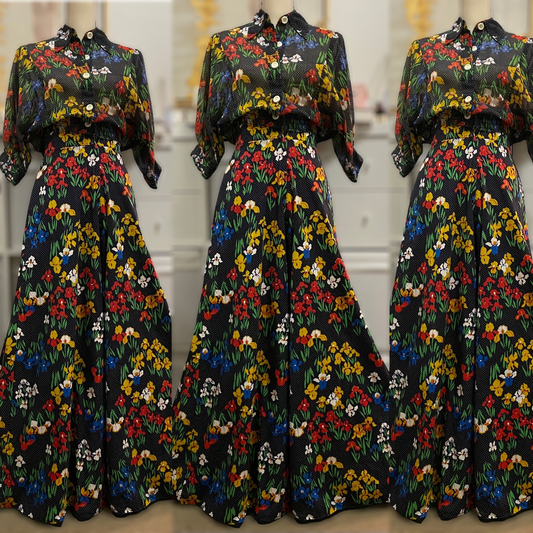 70s Floral, Cotton 2PC Palazzo Pant Set (XS, 24” Waist)