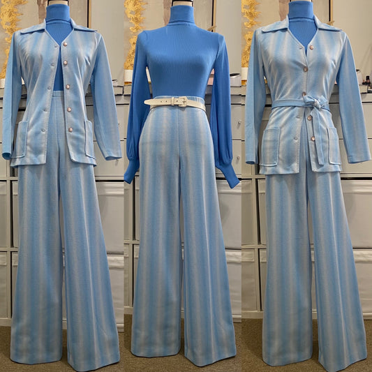 70's 3Pc AbstractWide Leg Pantsuit (S-M, 26"-32"W)