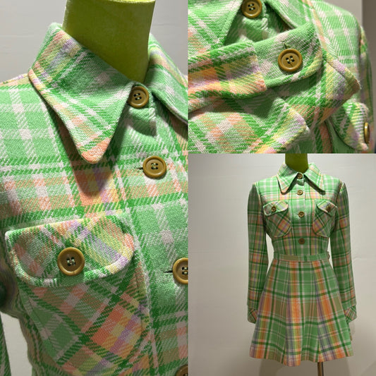 70s Pastel Plaid 2PC Mini Skirt Set (XS, 24" Waist)