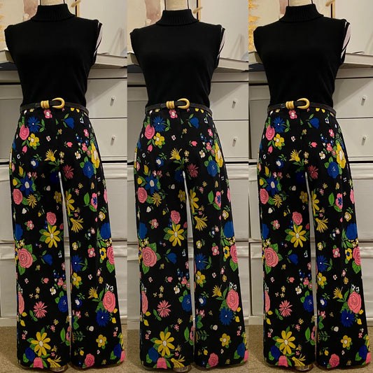 70s Floral Bootcut, Midrise, Cotton Canvas Pants (M, 32" Waist)