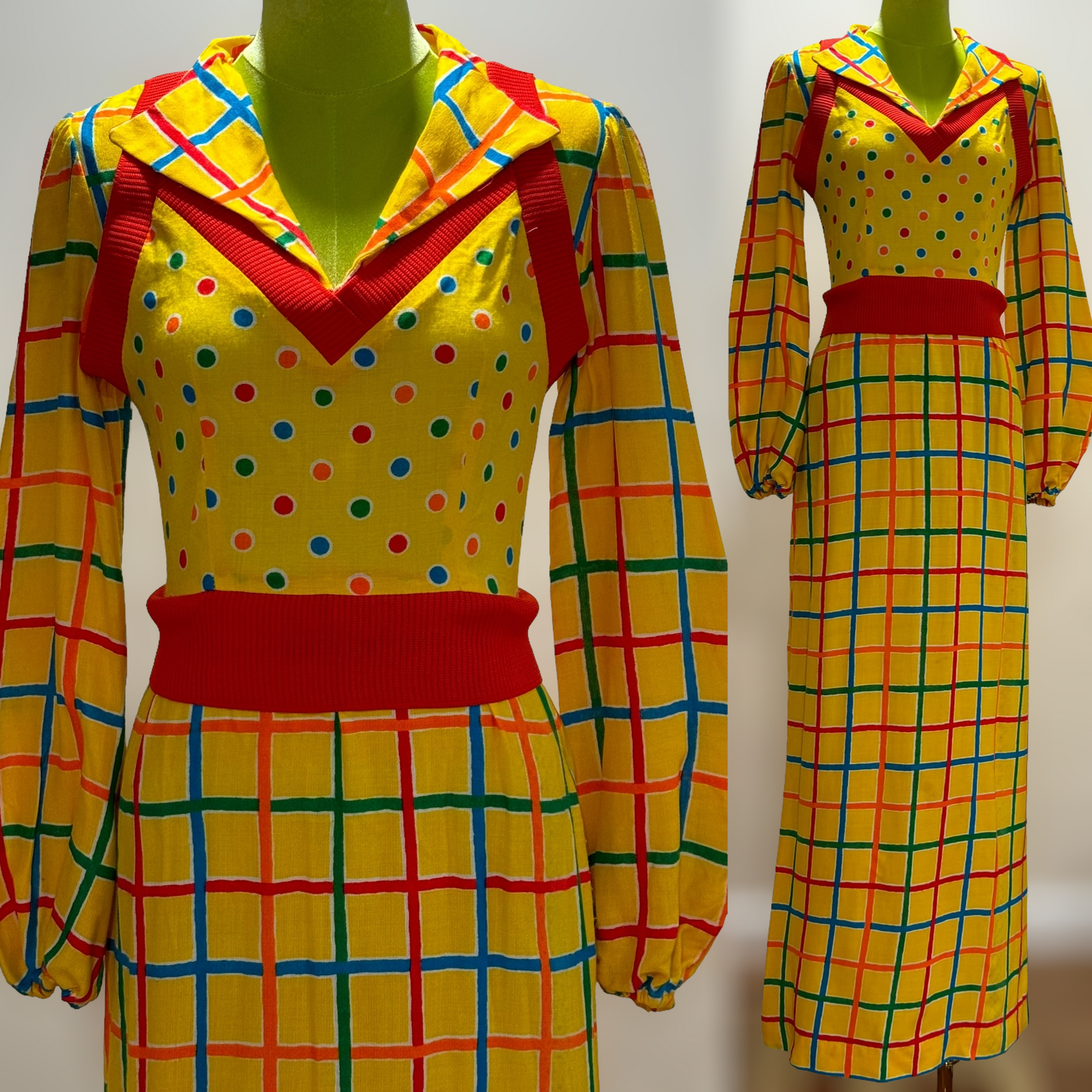 60s-70s Funky, Abstract Maxi Vest Dress W/ Balloon Sleeves (XS, 24" Waist)