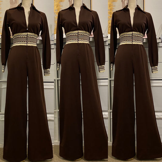 70s Chocolate Zipper Front Jumpsuit (S-M, 24”- 32” Waist)