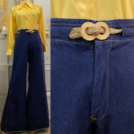 70s Denim, Midrise Bell Bottoms with Rope Belt (S, 27”- 28" Waist)