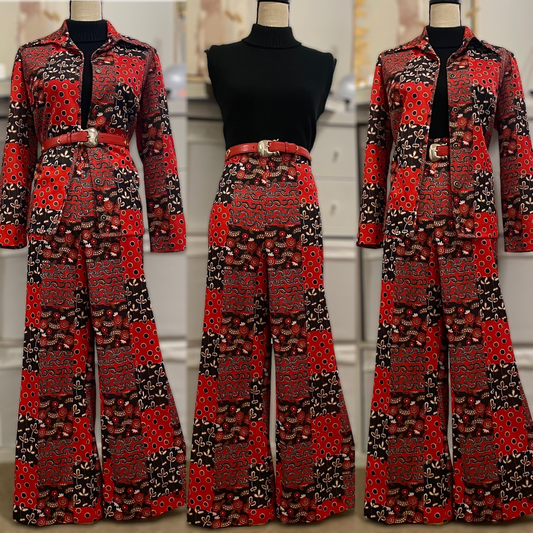 70s 70s Patchwork Style & Florals 2PC Pant set (L-XL, 32"-36” Waist)