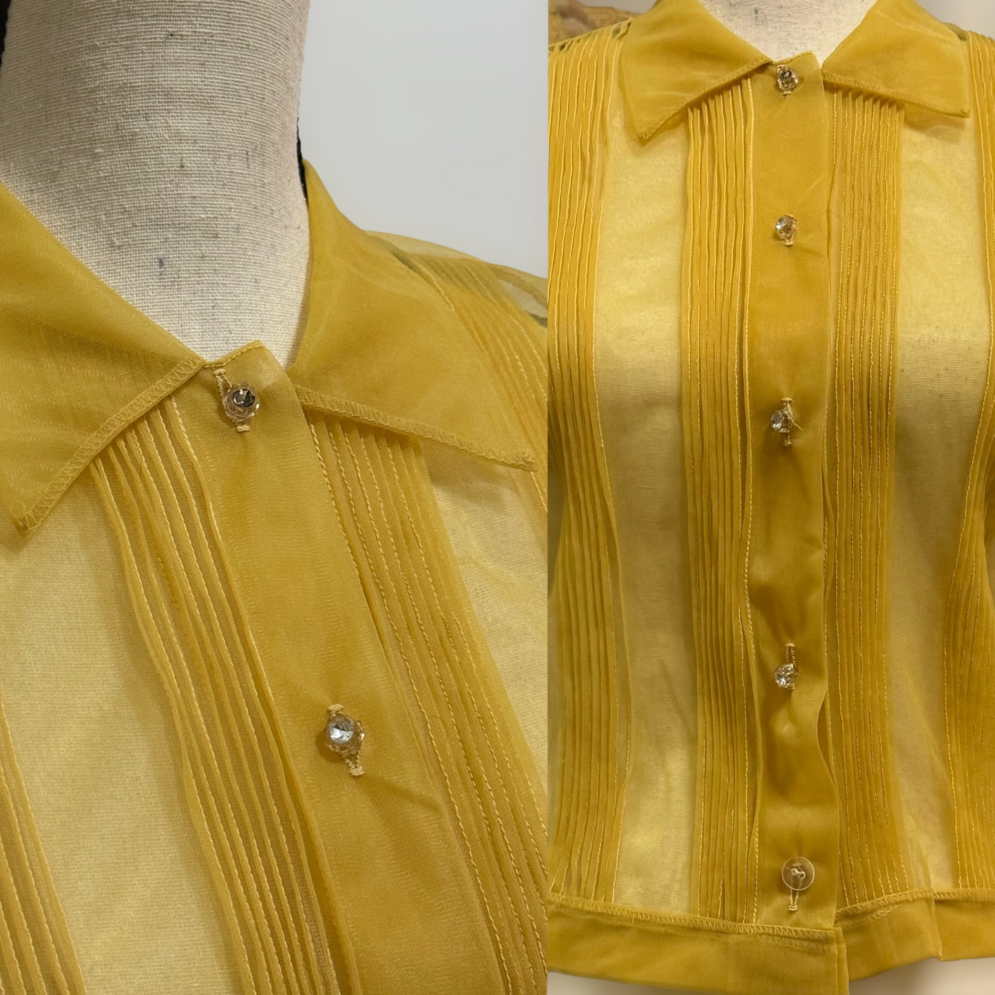 40s/50s Yellow Gold Nylon Blouse w/ Short Dolman Sleeves (L-XL, 47” bust)