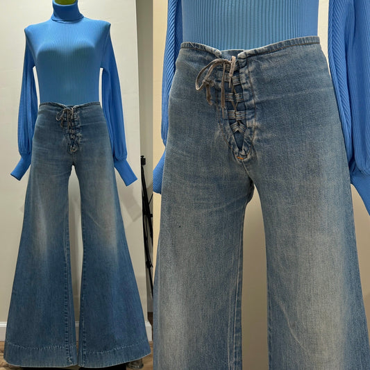70s Denim Cotton, Lace Up Bell Bottoms, High Rise Pants (S, 28"Waist)