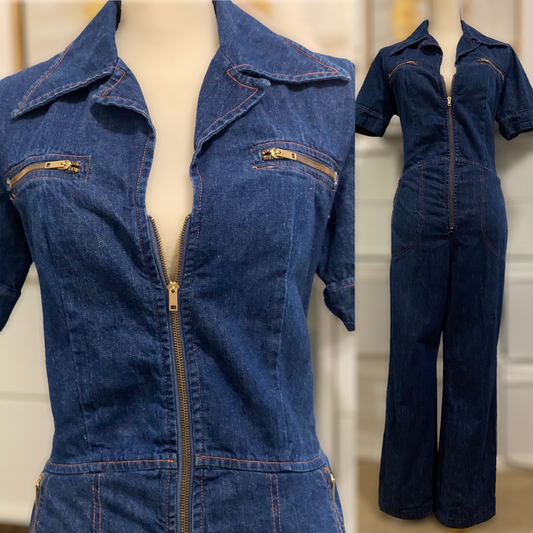 70s Zipper Front, Straight Leg Denim Jumpsuit (M, 26"-30"W) no