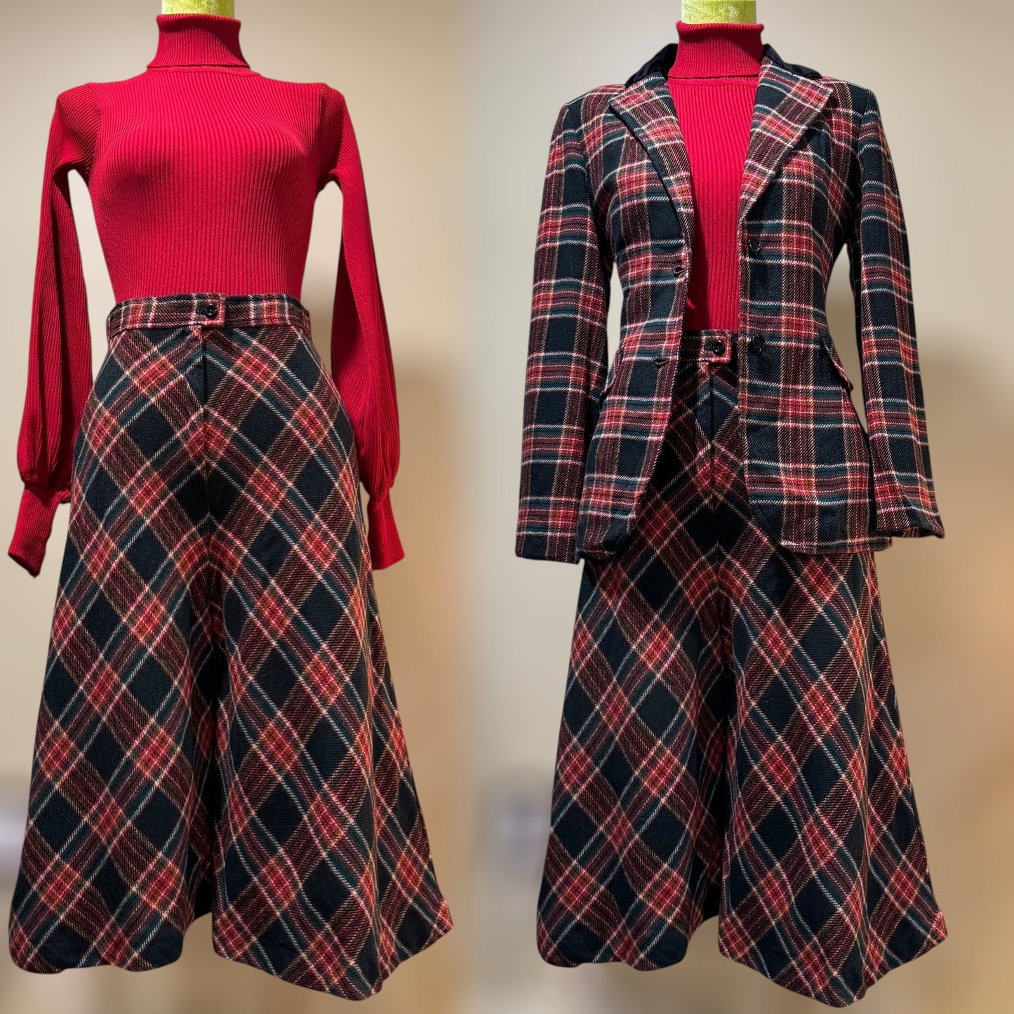 70s 2-Piece Red & Green Culotte Plaid Set (S, 26" Waist)