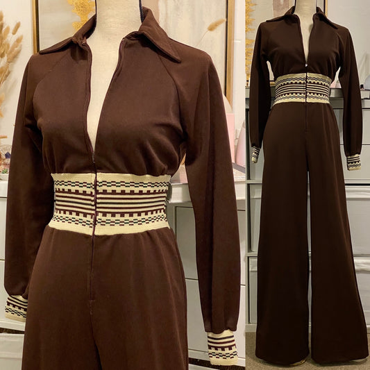 70s Chocolate Zipper Front Jumpsuit (S-M, 24”- 32” Waist)