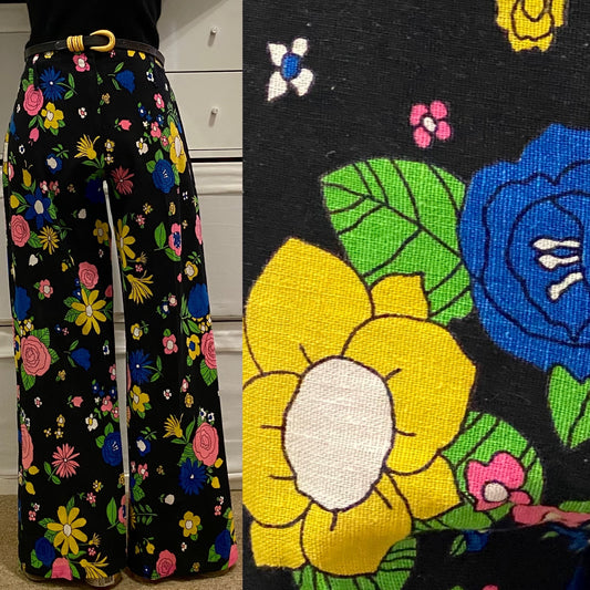 70s Floral Bootcut, Midrise, Cotton Canvas Pants (M, 32" Waist)