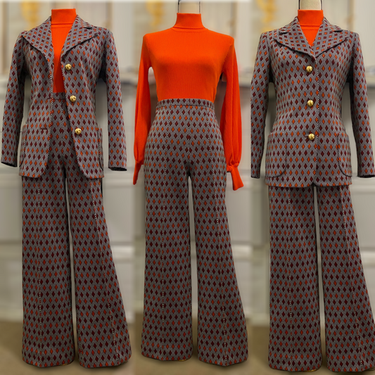 70s Geometric 2PC Pantsuit w/ Gold Buttons (M, 29”-32” waist)