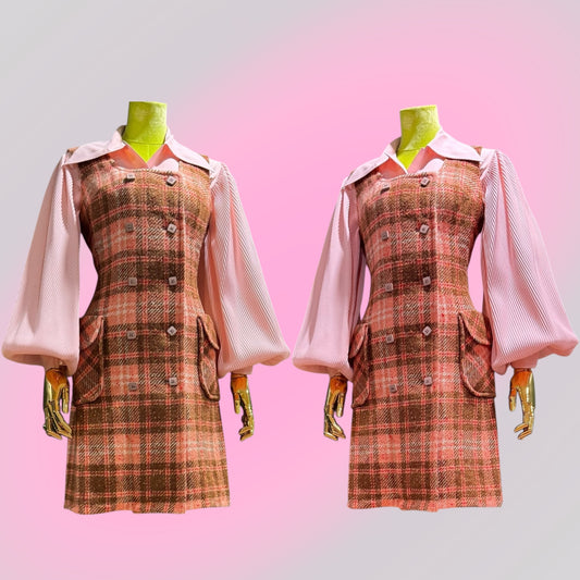 60s-70s Pink Plaid Pinafore Dress (XS-Small)