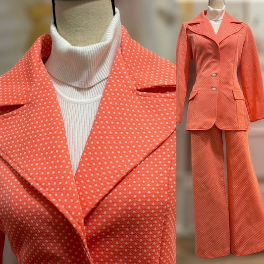 60s-70s Swiss Dot, Salmon 2pc Wide-Legged Pantsuit (L, 34"-37" Waist)