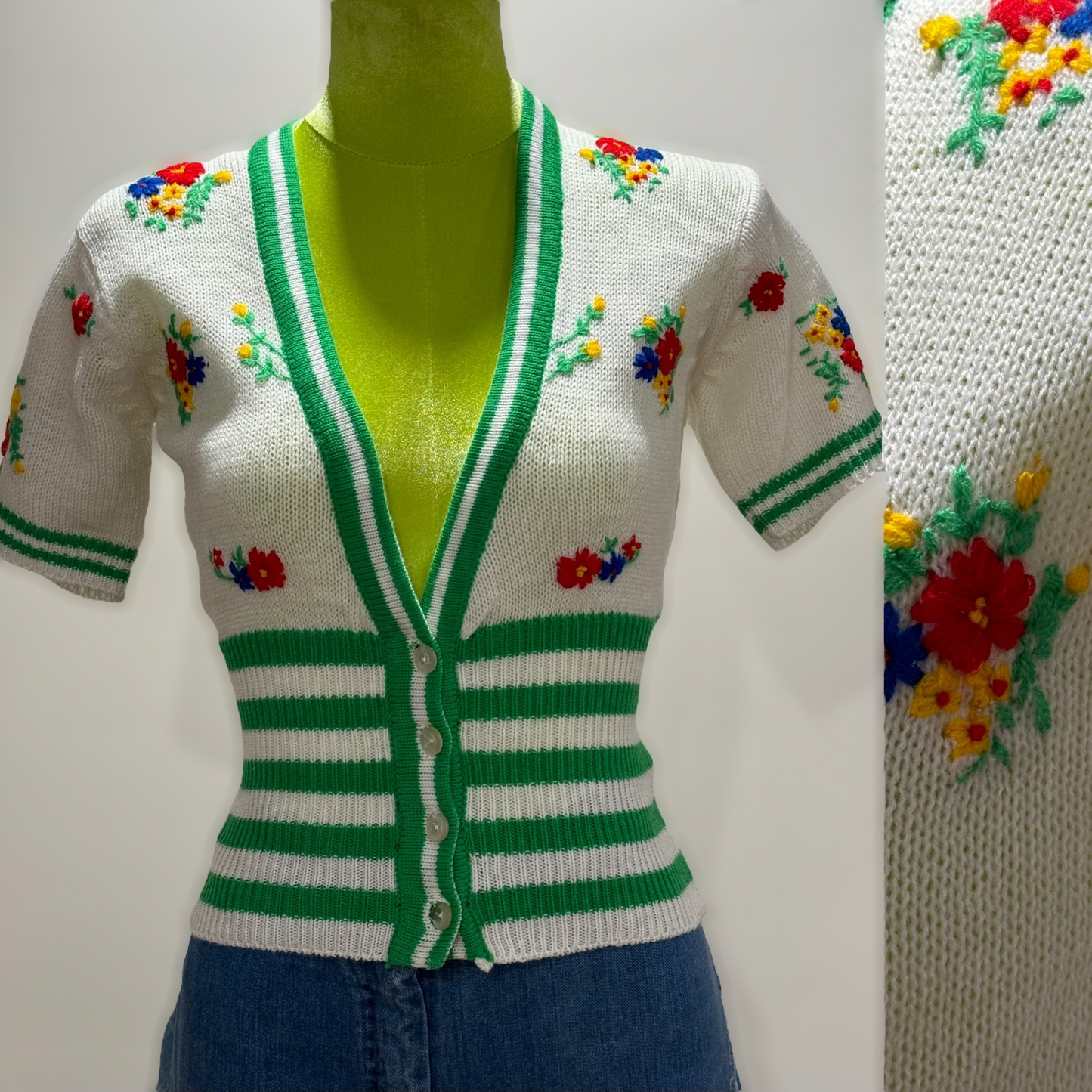 60s 70s knit floral sweater (XS)