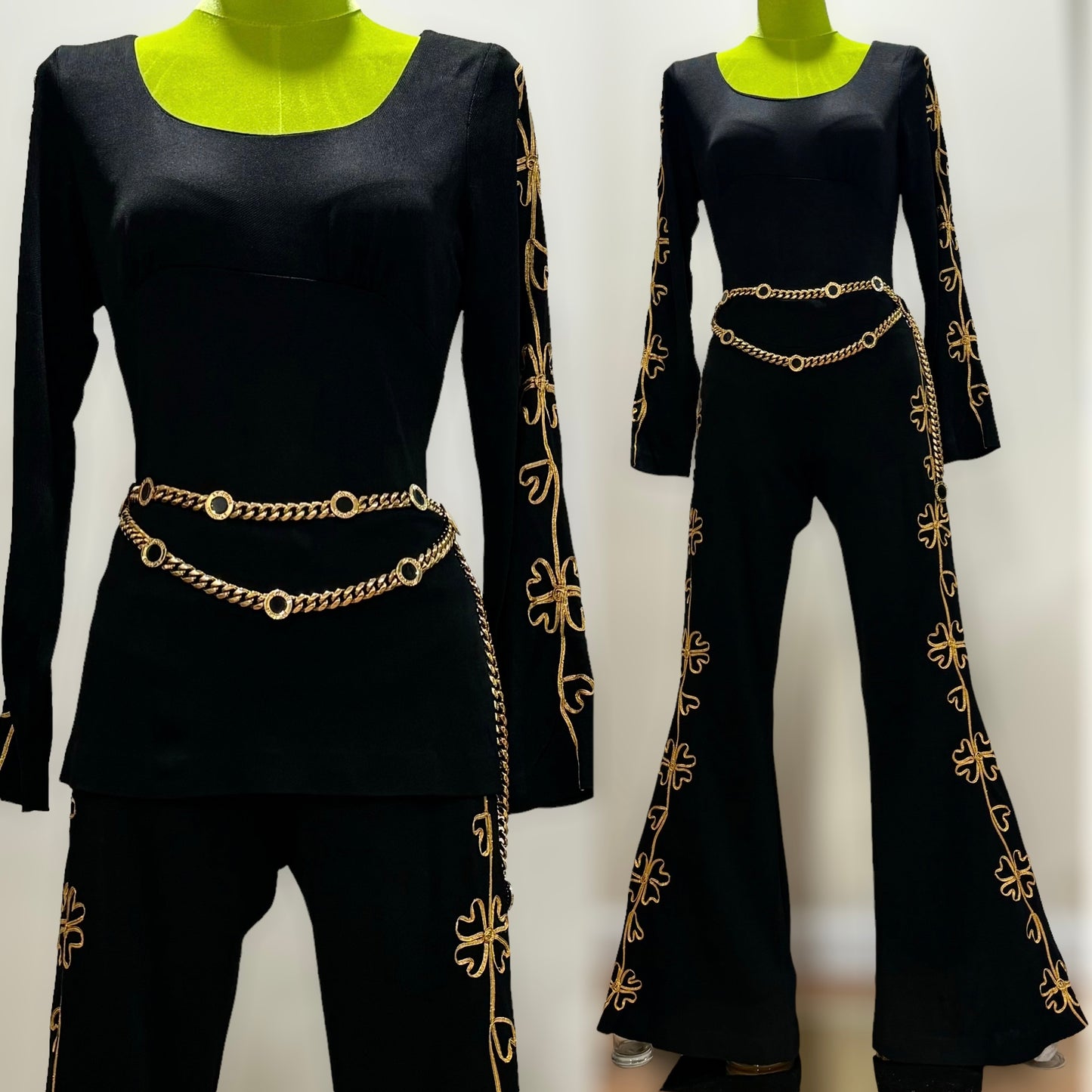 70s 2PC Gold Embroidery, Bell Bottom Pant Set, Low Rise (S, 29"-31" Waist)