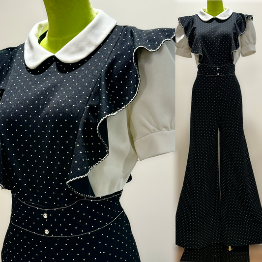 70s Swiss Dot, Puffy Sleeve Bell Bottom Jumpsuit (M, 28”-29” waist