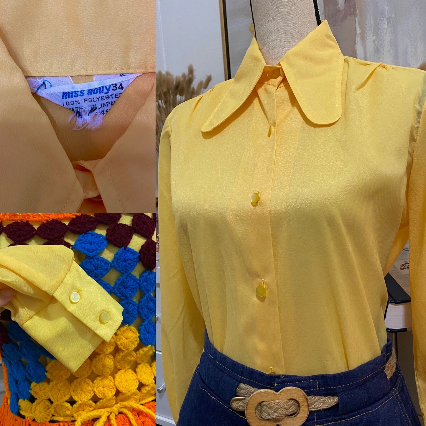 70s Beagle Collar Yellow Blouse (M-L, 40” bust)