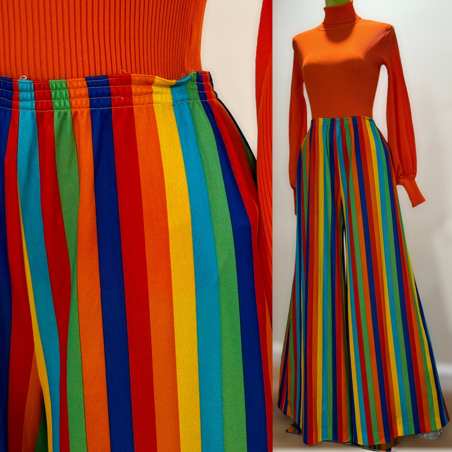 70s Rainbow Striped Bell Bottom Pants (M-L, 24"-35" Waist)