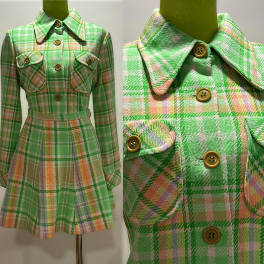 70s Pastel Plaid 2PC Mini Skirt Set (XS, 24" Waist)