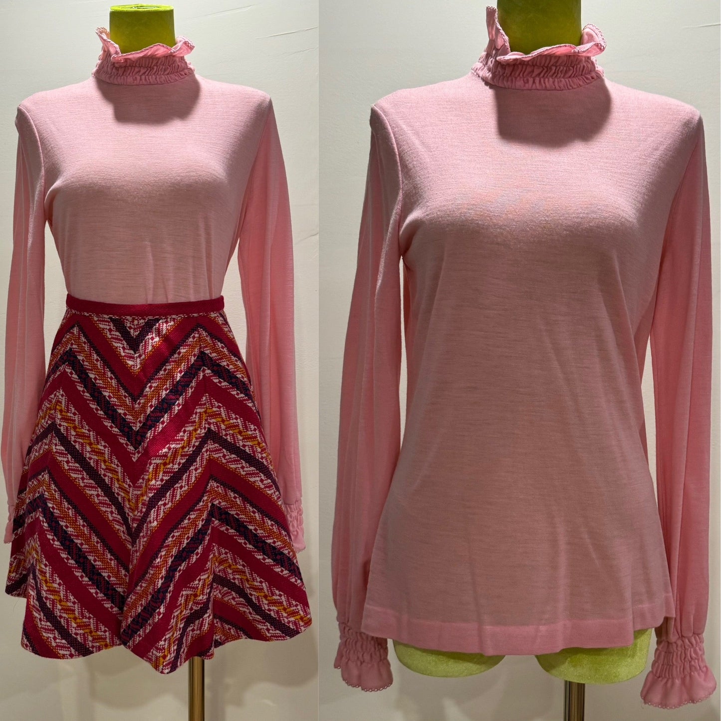 70s Bubblegum Pink Ruffle Turtleneck Blouse (S-M)