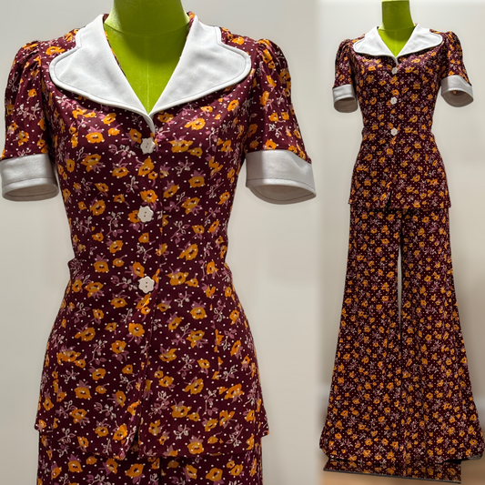 70s does 40s Floral 2PC Bell Bottom Pantsuit (XS-S, 20"-29"W)