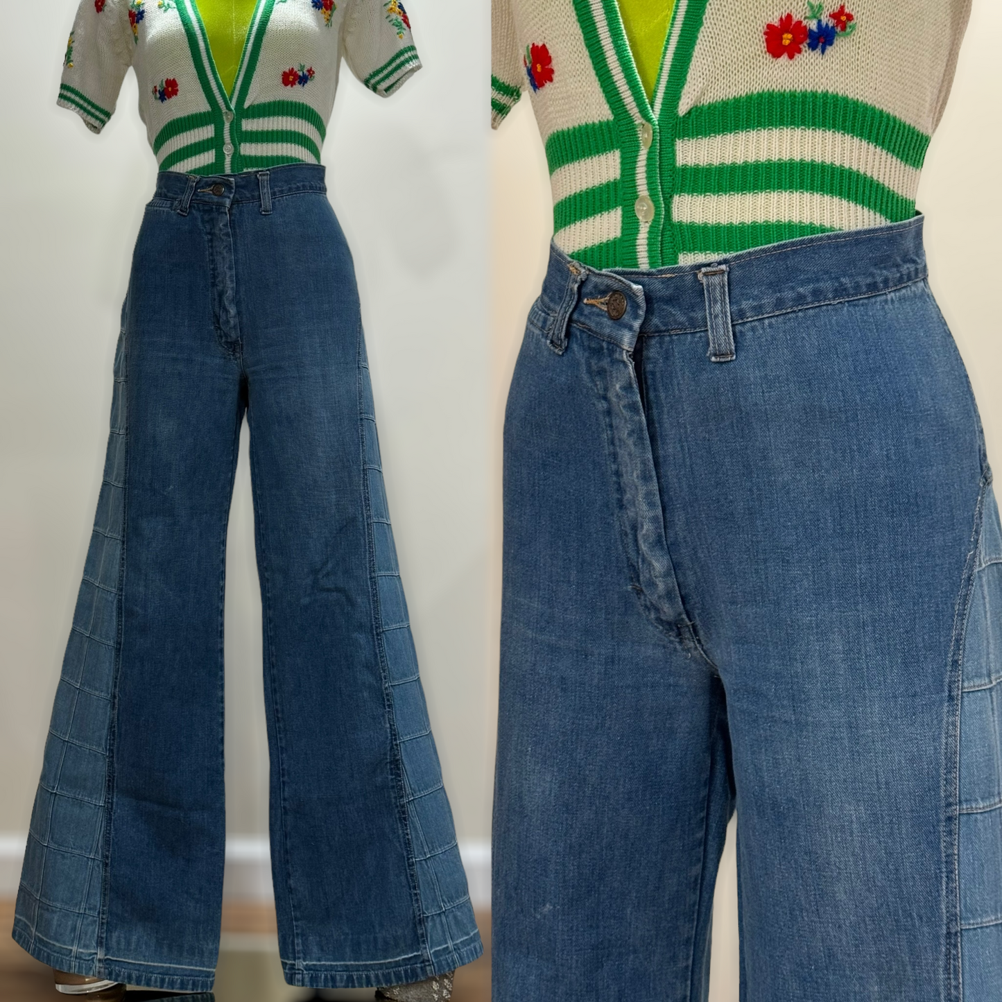 70s Two-Tone Denim Windowpane Bell Bottom Pants (S-M, 28"W)