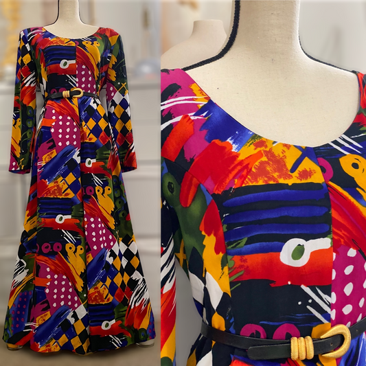 70s-80s Eccentric, Abstract Palazzo Jumpsuit (L-XL, 36" Waist)