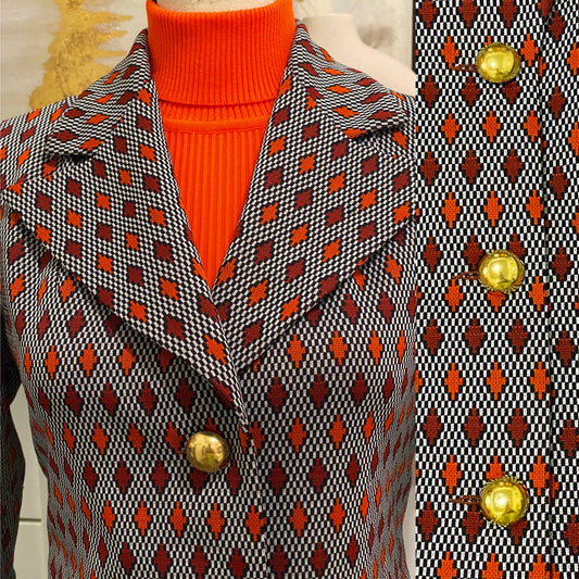 70s Geometric 2PC Pantsuit w/ Gold Buttons (M, 29”-32” waist)