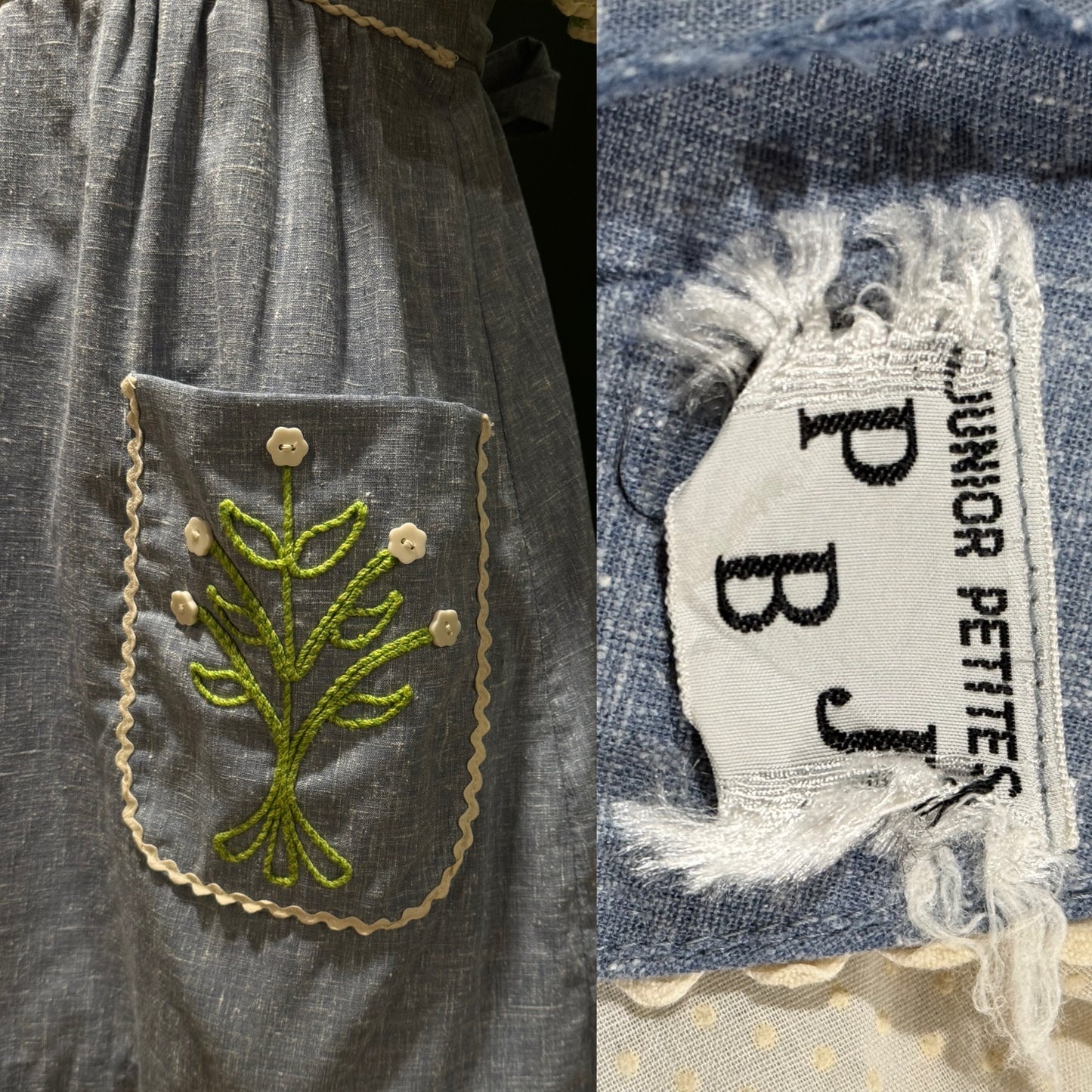 60s/70s chambray dress with puff sleeves & floral embroidery (Small)
