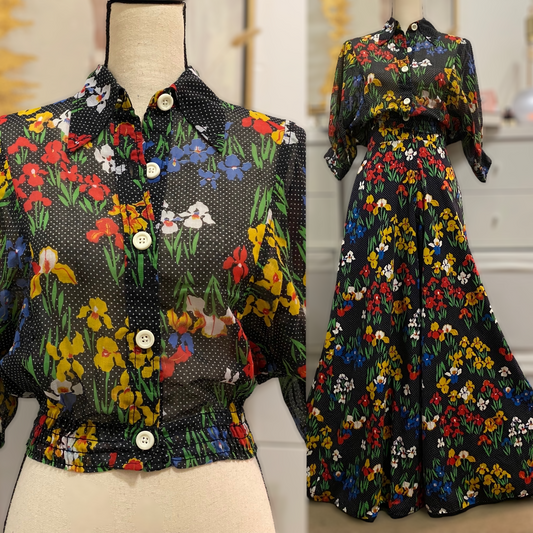70s Floral, Cotton 2PC Palazzo Pant Set (XS, 24” Waist)