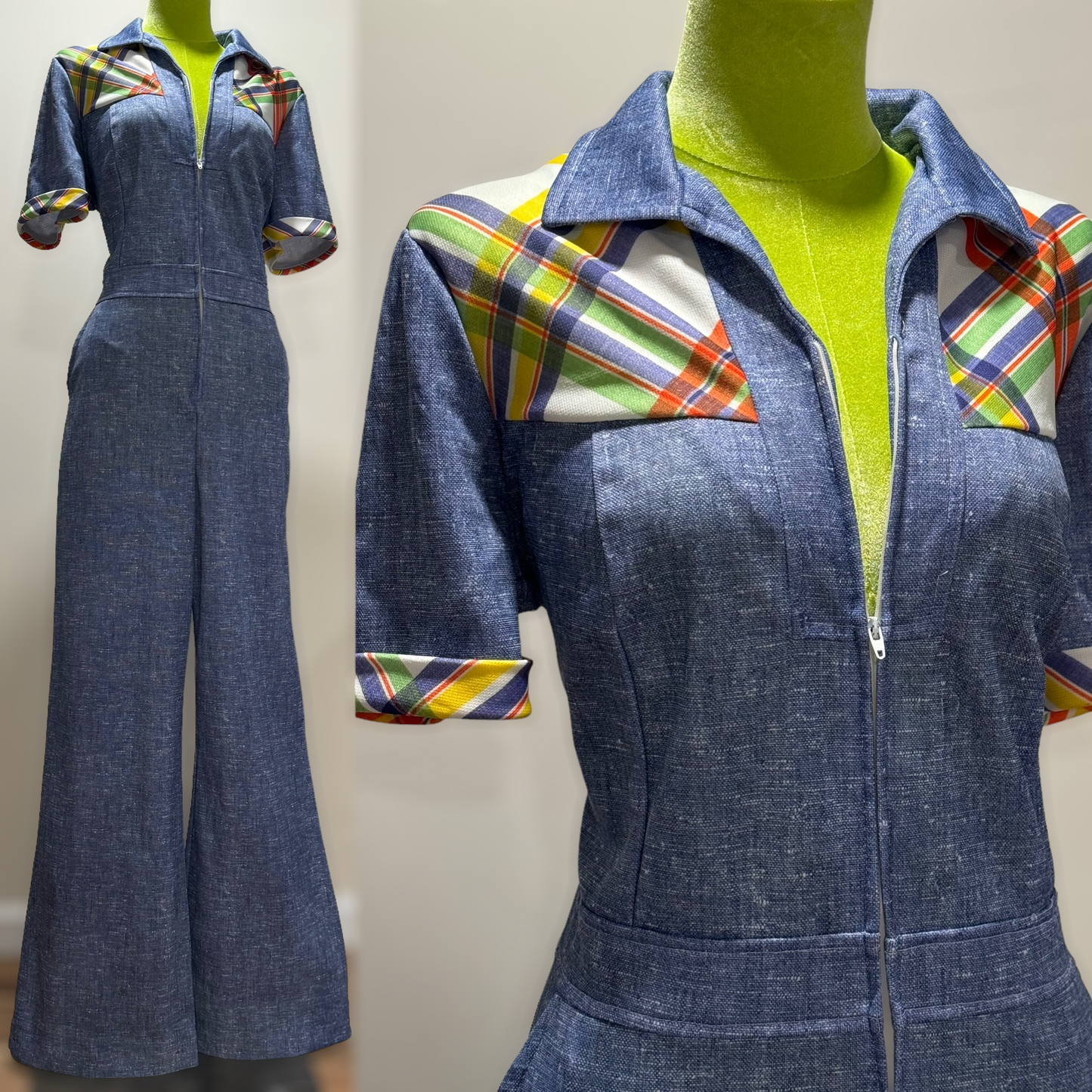 70s Denim Look, Plaid Details Wide Leg Jumpsuit w/ Zippered Front (M)