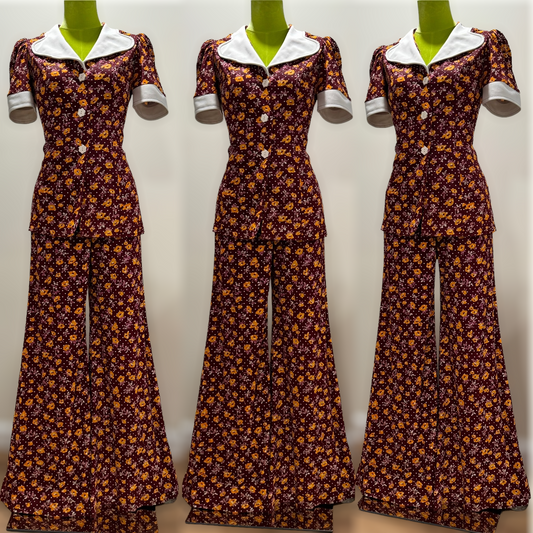 70s does 40s Floral 2PC Bell Bottom Pantsuit (XS-S, 20"-29"W)