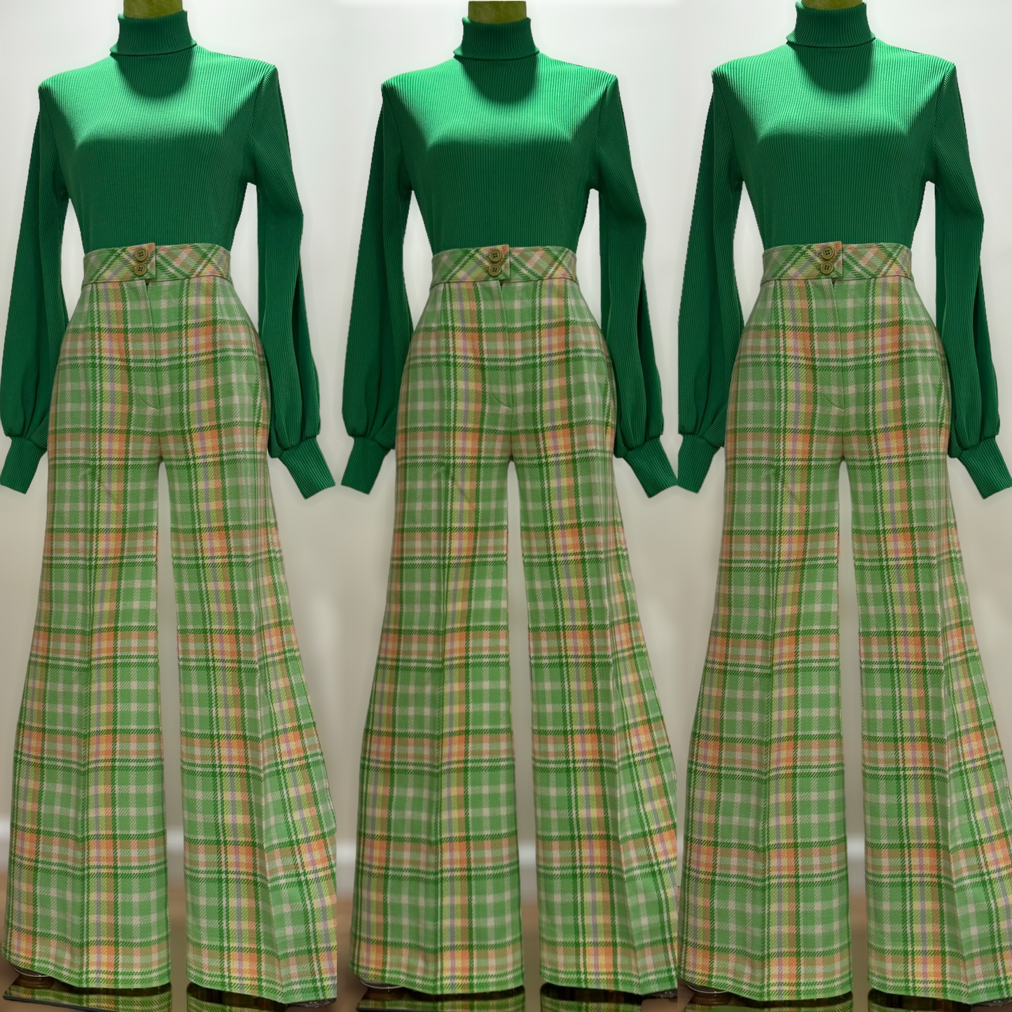 70s green Plaid High Waisted Bell Bottoms Pants (XS-S, 26” Waist)