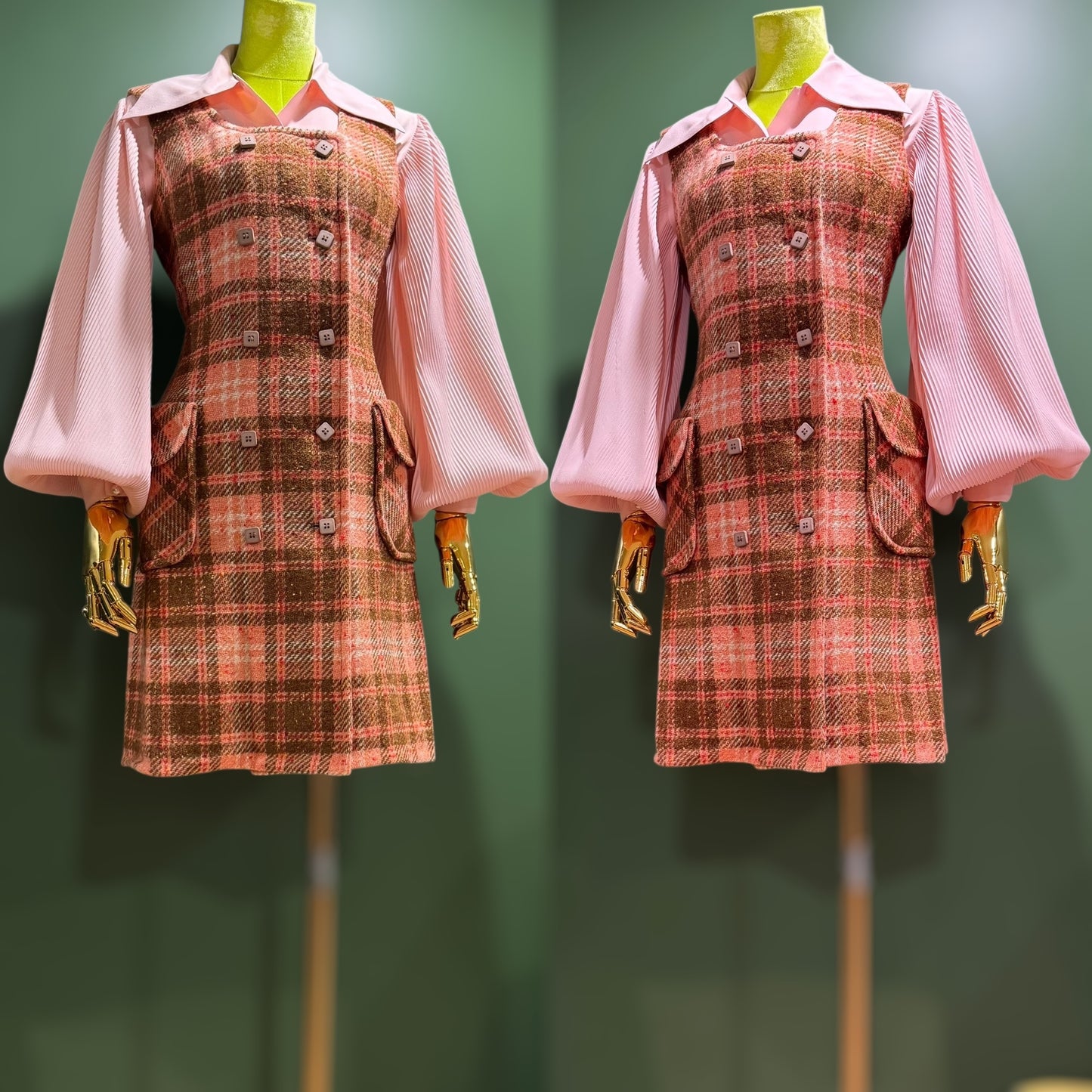 60s-70s Pink Plaid Pinafore Dress (XS-Small)