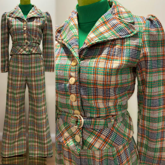 70s Plaid 3PC Wide Leg Pantsuit w/ Cropped Jacket (S-M, 27"-28" Waist)
