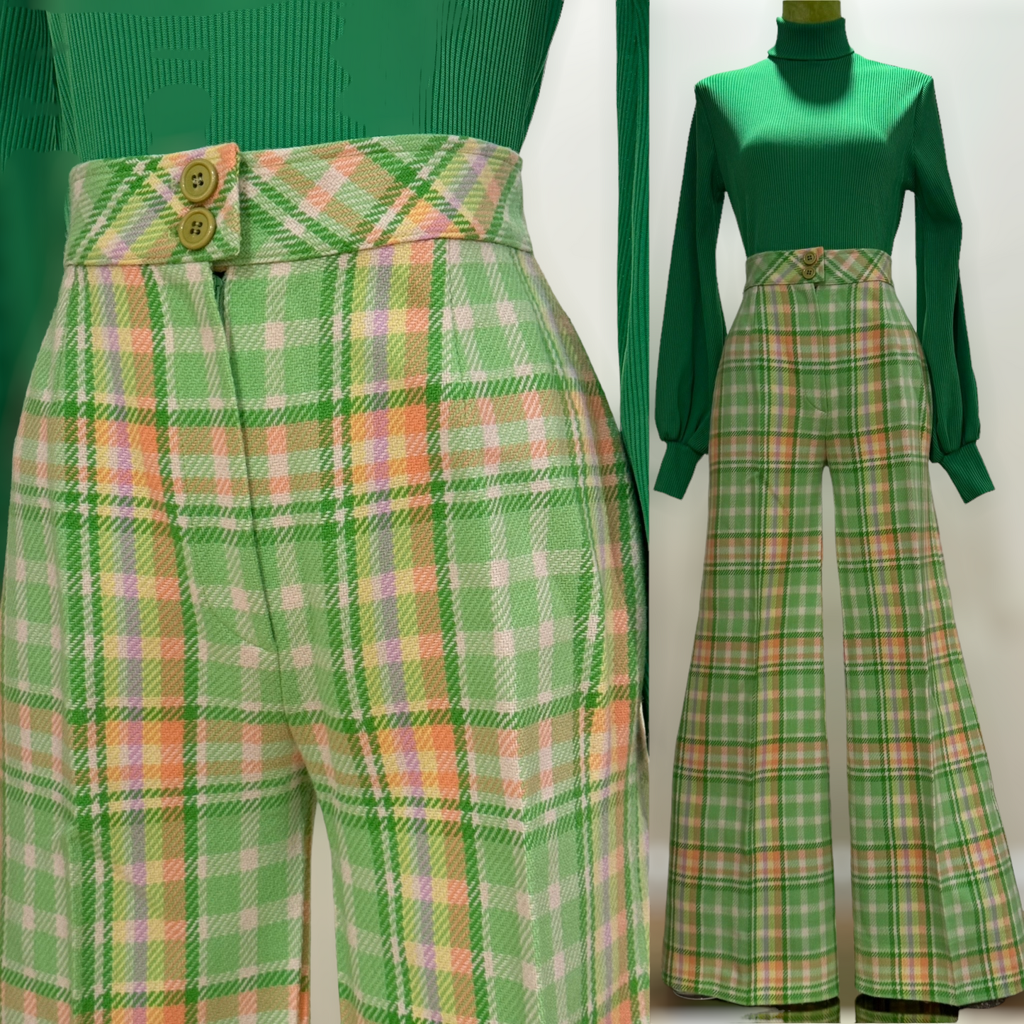 70s green Plaid High Waisted Bell Bottoms Pants (XS-S, 26” Waist)