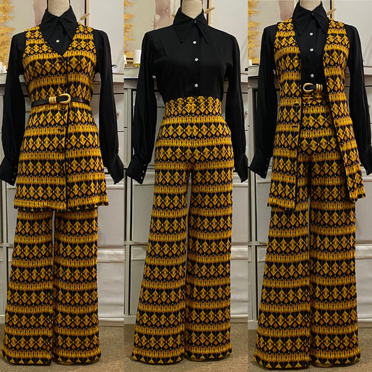60s-70s Geometric 2-Piece Pant Set, Bootcut, Vest (S-M, 27"-32" Waist)