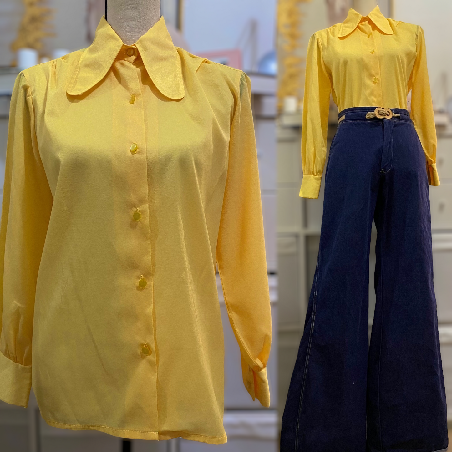 70s Beagle Collar Yellow Blouse (M-L, 40” bust)