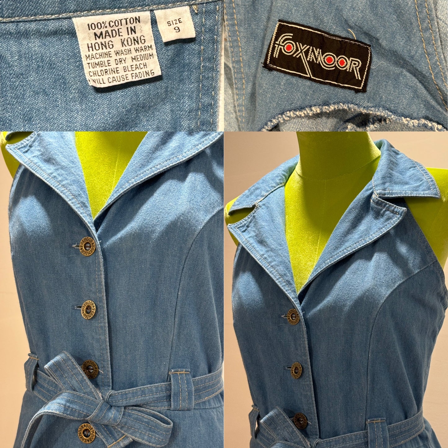 70s Halter Style, Wide Leg Denim Jumpsuit (S, 28”-29”Waist)