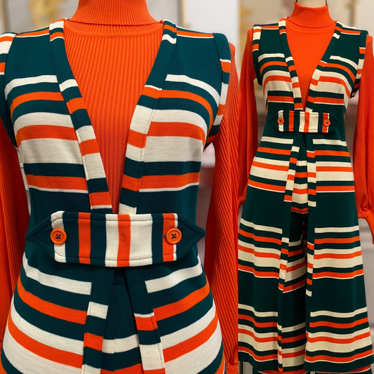 60s-70s Orange & Green Striped Vest Suit (S-M)